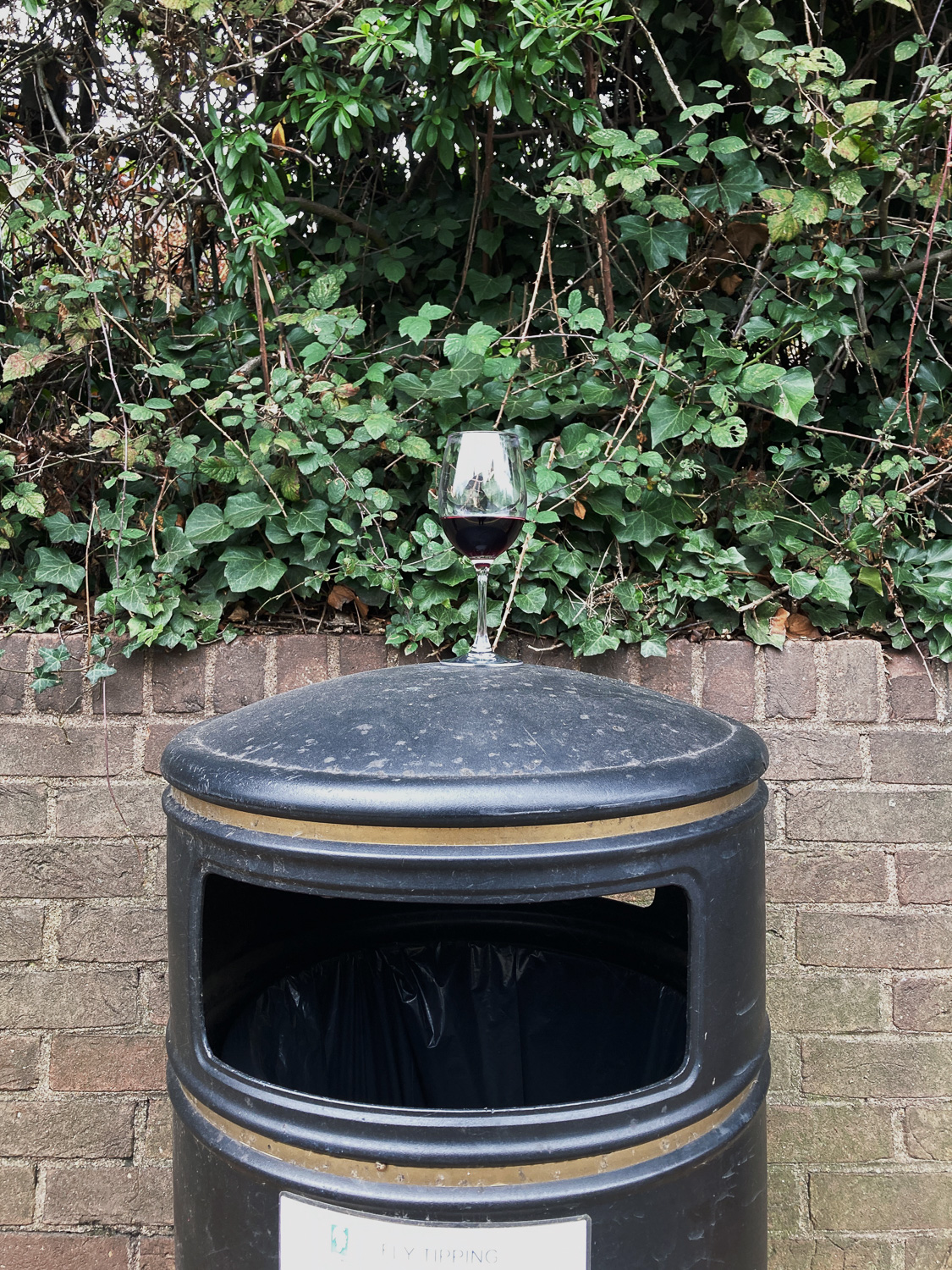 A Saturday scene. Photograph of a glass of red wine standing on top of a bin in a street, with a brick wall and foliage behind.