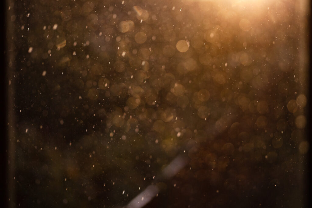 Photograph of rainfall as the sun sets, close up, selective focus and dark so you can just see droplets, bokeh and blur.