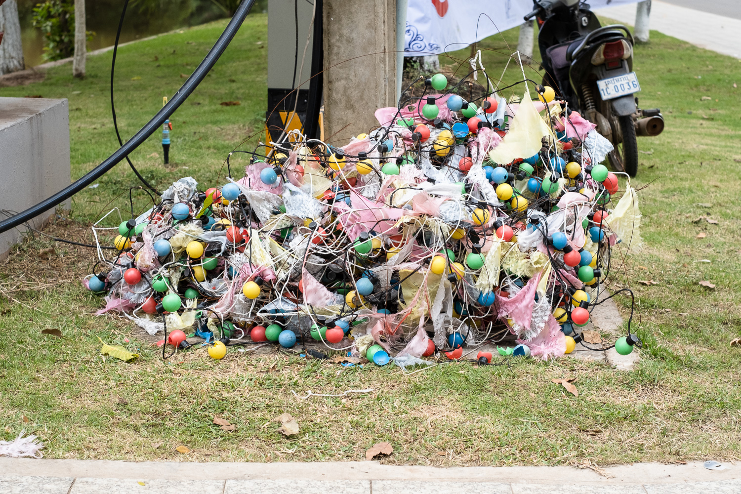 Photograph of a pile of colourful lights on strings that are broken and tangled, on a lawn at the side of the road, with a scooter in the background.