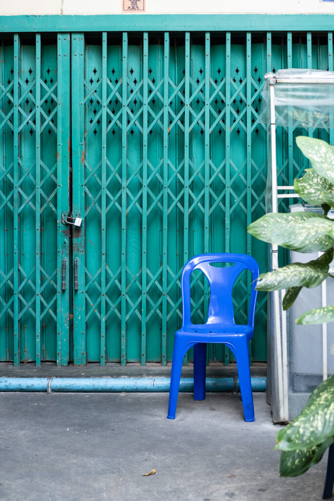 Photograph of a blue plastic chair on a concrete floor with a green shutter behind, a metal structure to the right and large leaves out of focus in the foreground to the right.