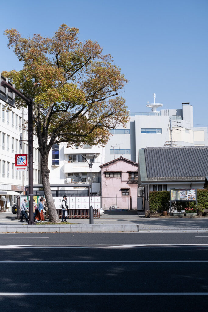 Photograph looking across a street to a small pink house with window that look vaguely like a face, surrounded by white and green/grey buildings, a tree to the left and people walking past on the pavement.