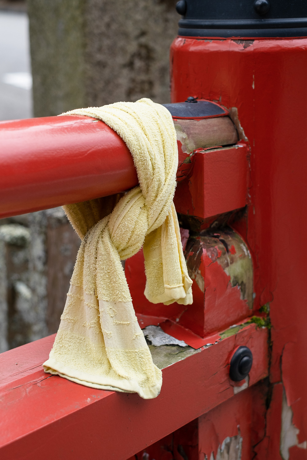 Photograph of a yellow towel tied to a wooden fence that's painted red.