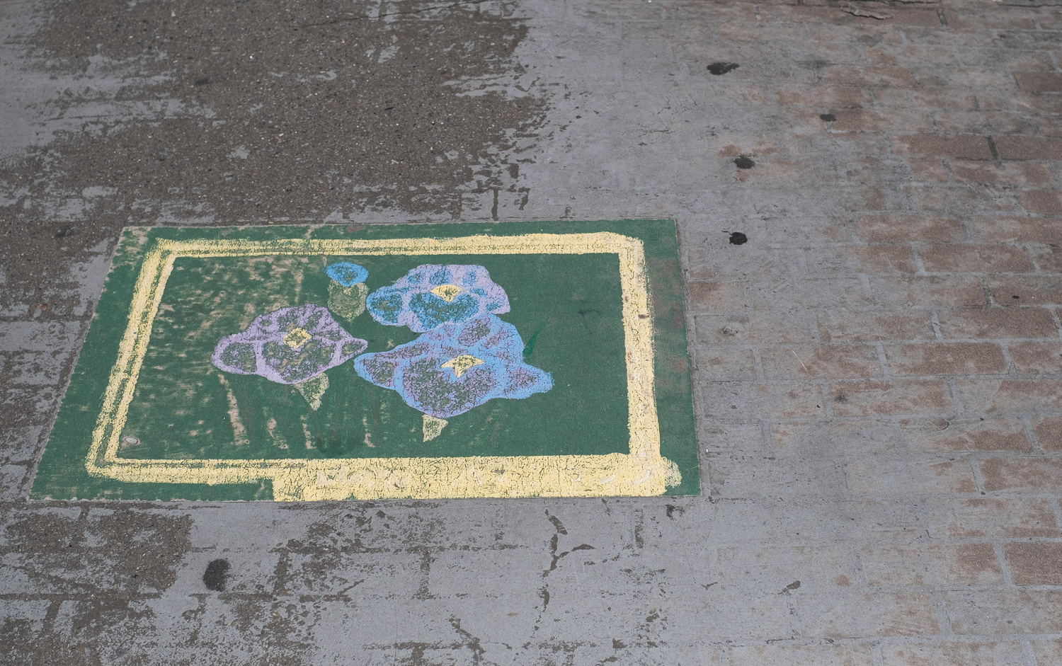Photograph of a pavement with a painted rectangle of green with a yellow border and 4 pink and blue flowers within. The paint and pavement is worn in places where people have walked across it.