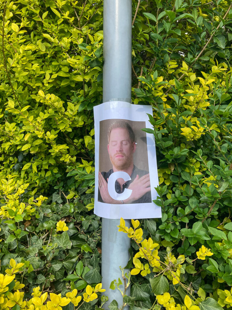 Photograph of a lampost with an A4 sheet of paper printed with a picture of Prince Harry with his eyes closed and hands crosed over to oppostie shoulders, with the letter 'C'. Leafy bushes are behind.