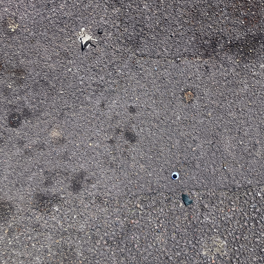 Photograph of a single googly eye on a concrete pavement.