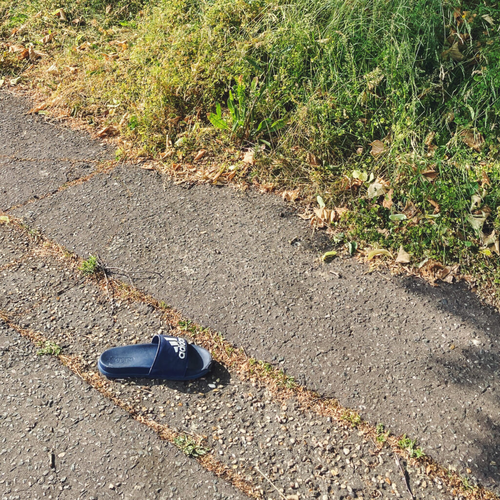 Photograph of an adidas slide shoe on a pavement, with grass to the top right of the frame.