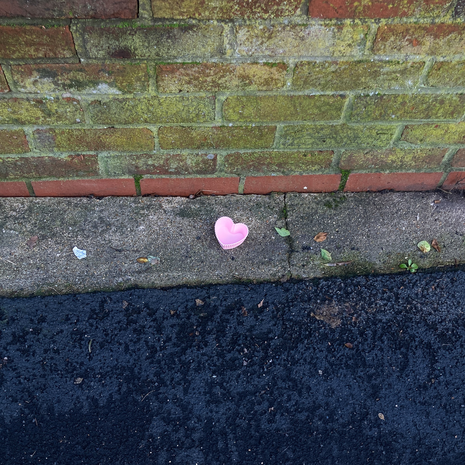 Photograph looking down on a pink silicone muffin case in the shape of a heart, on a pavement that is lighter in colour where the heart is, and darker at the bottom of the frame. A brick wall with some sort of green lichen on it is visible in the top portion of the frame.