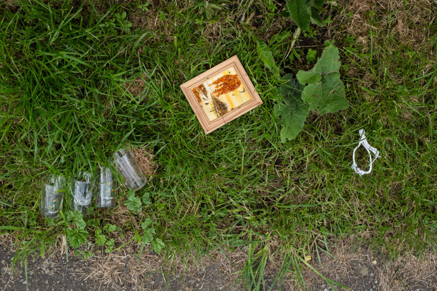 Photograph looking down at grass and weeds, with a bit of tarmac and dried grass at the bottom of the frame. On the grass is (from left to right) 4 souvenir shot glasses with illustrations of tourist destinations on them; a small framed painting of a lake scene with islands and birds in a yellow-ish tone, with streaks of what looks like tomato seeds on the surface; a loop of white string.