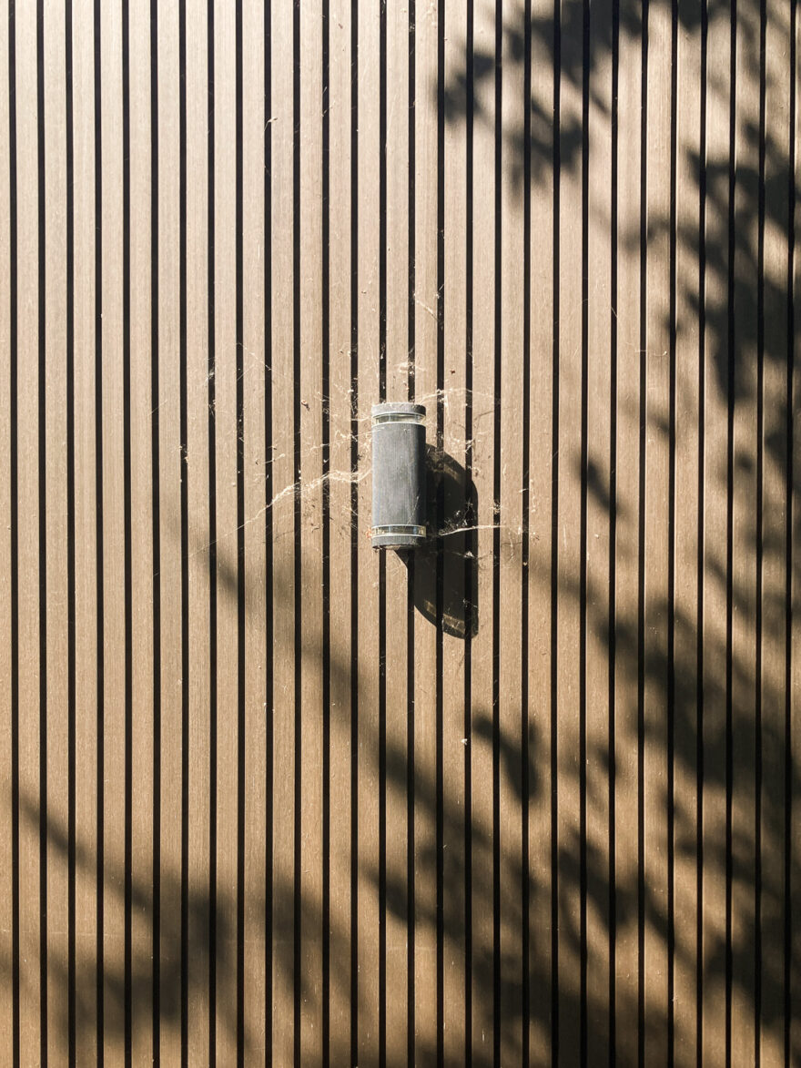 Photograph of a wooden wall with a metal speaker or light in the centre, with cobwebs all around it. Shadows of trees are on the right hand and lower portions of the frame.