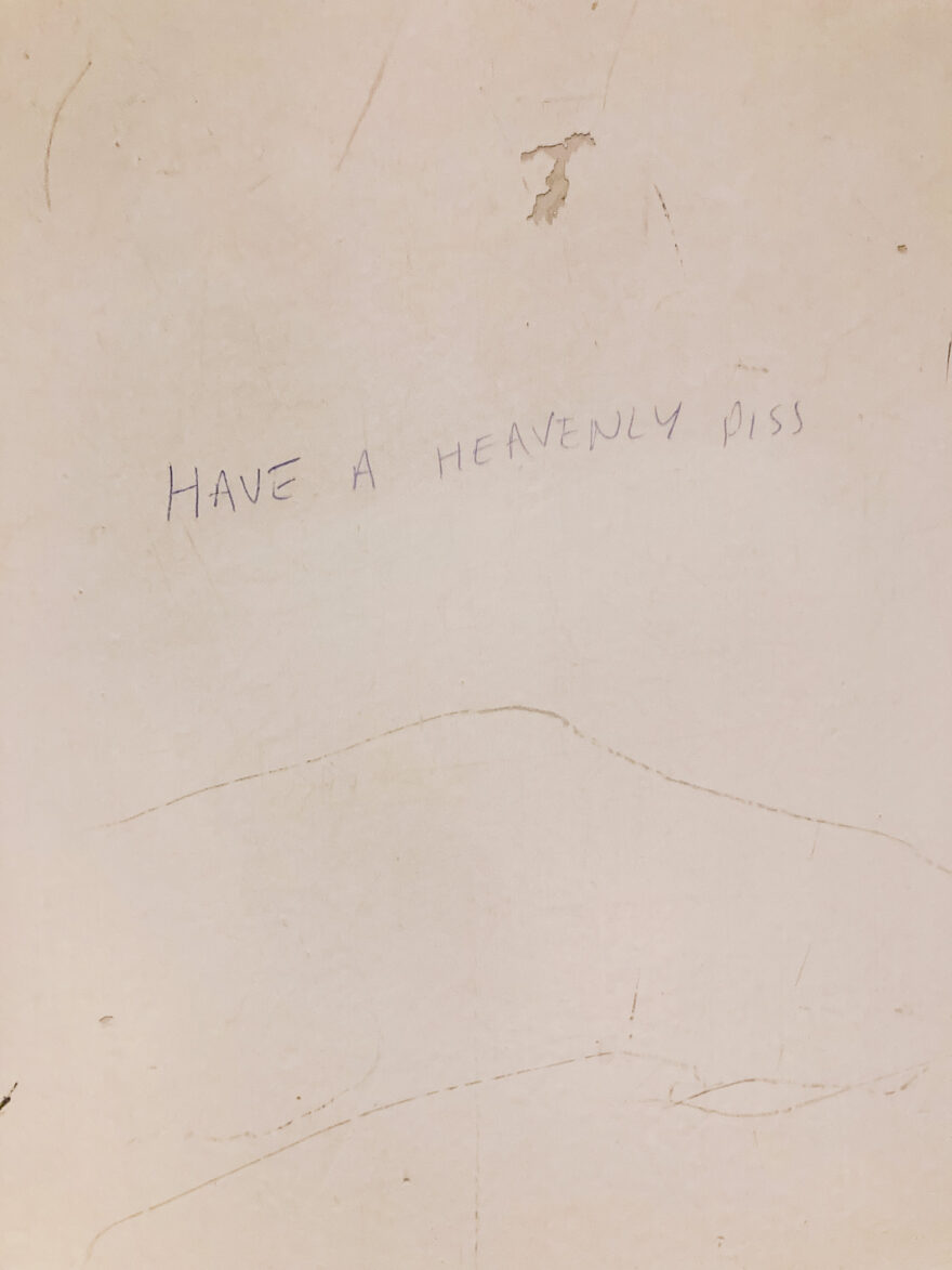 London, UK, July 2024. Photograph of writing on a door saying 'Have a heavenly piss'