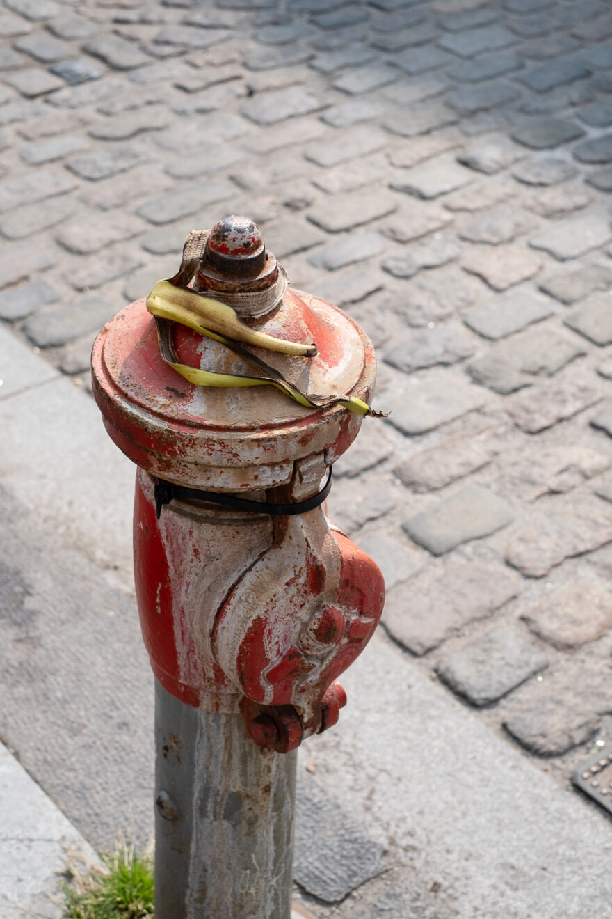 Copenhagen, Denmark, August 2024. Photograph of an old banana skin draped across a red-topped metal fire hydrant, which is worn from water leaks. Behind is part of a pavement and cobbled street to the right.