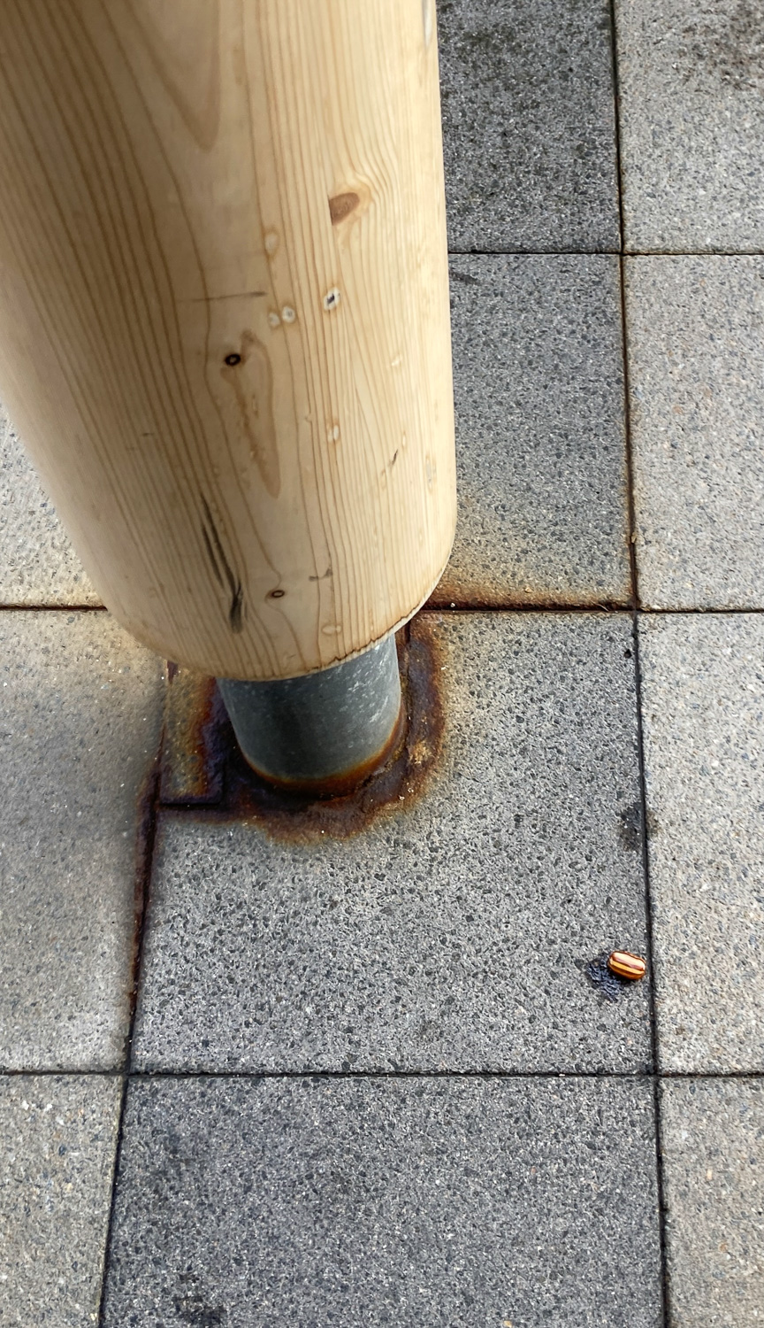 Photograph of a paved floor with a metal and wooden pole emerging from the centre of the frame, with rusty marks around it, and a wet humbug to the right of it, in similar rusty colours.