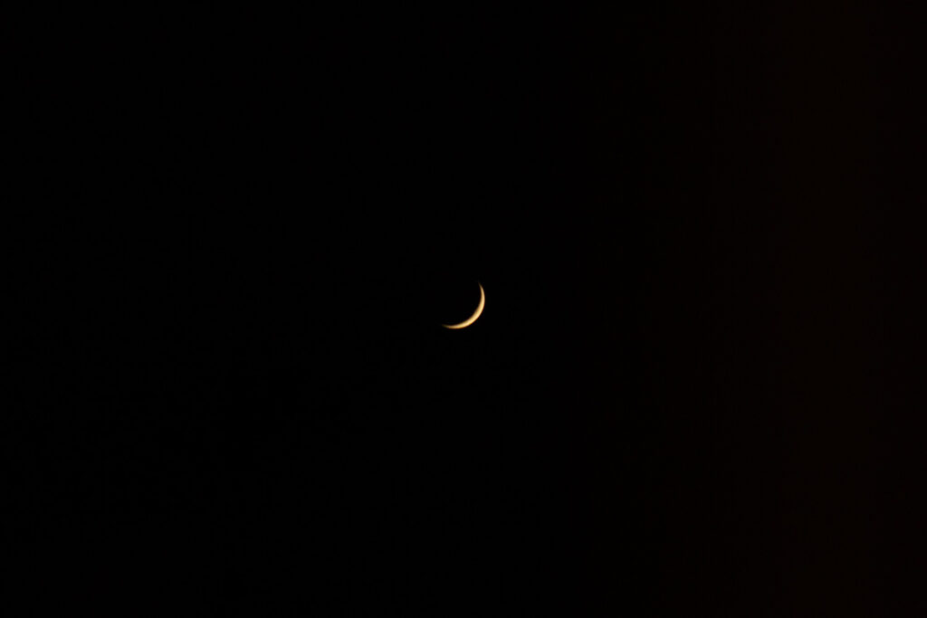 Photograph of a the moon in a black sky, with only a tiny golden part visible.