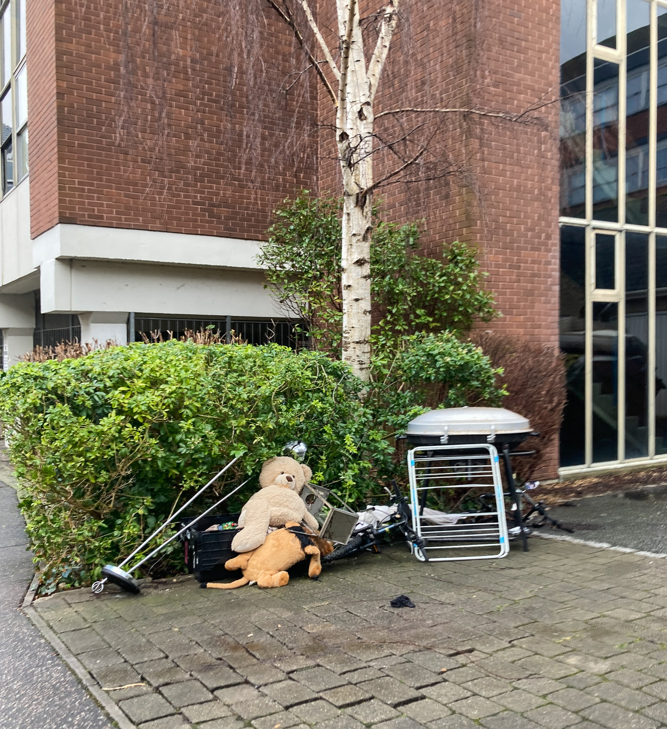 Photograph of household items, large stuffed animals and a barbecue left at the side of the road. Behind is a block of flats with silver ash tree and leafy green bushes, in front is a brick-paved path and to the right are slim glass panes with staircase behind.