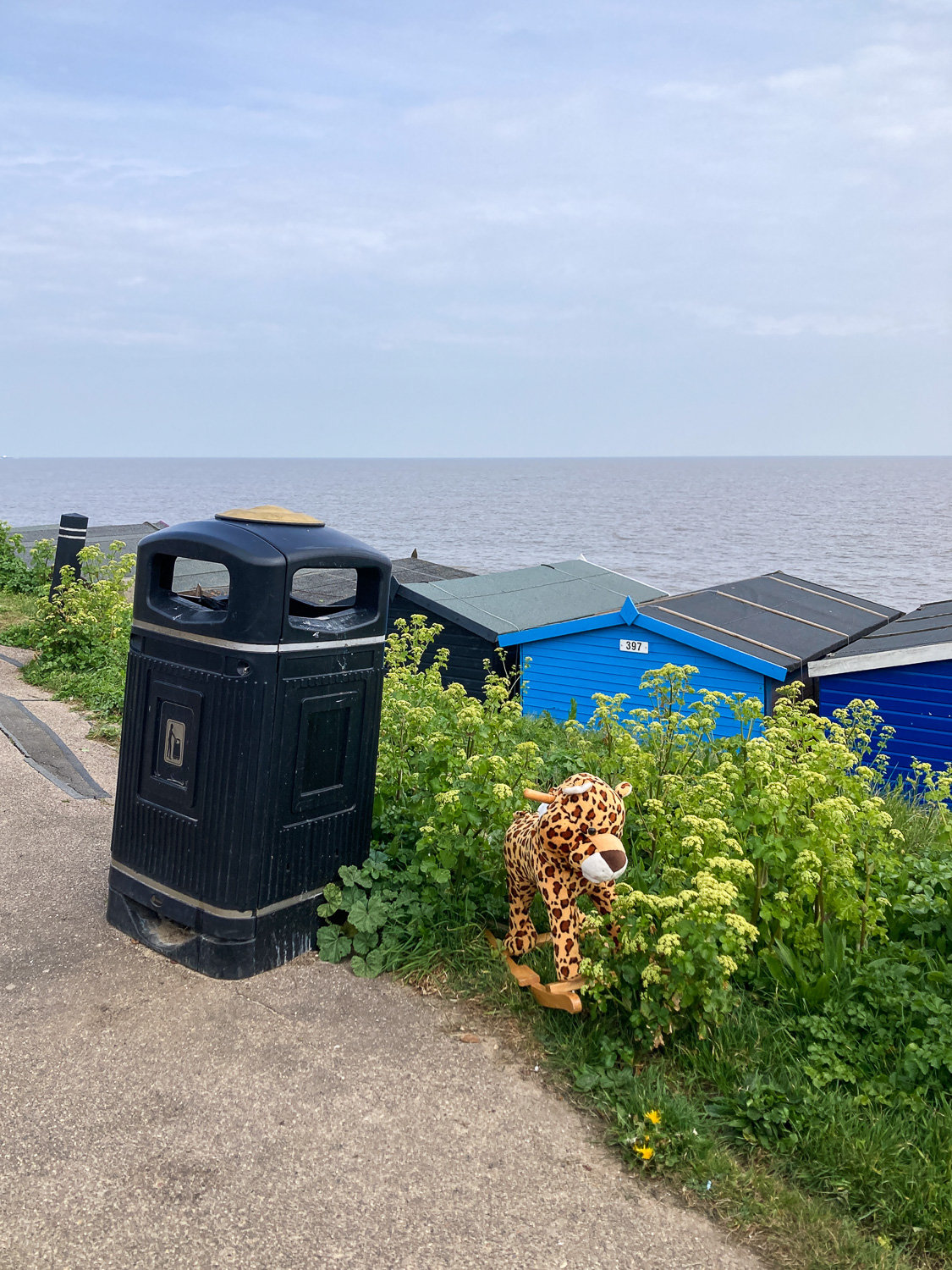 Photograph of a stuffed toy leopard rocking horse in plants next to a large black bin at the side of a pavement, with the tops of beach huts and the sea behind.