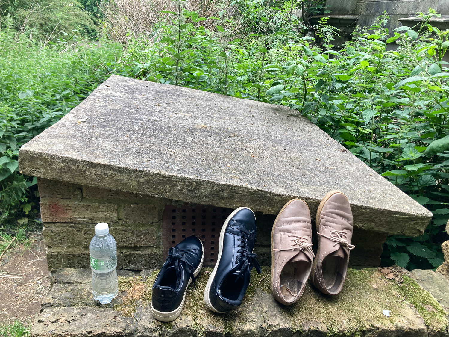 Photograph of a half-full bottle of water and two pairs of shoes lined up on a brick wall, against a brick structure with nettles behind.