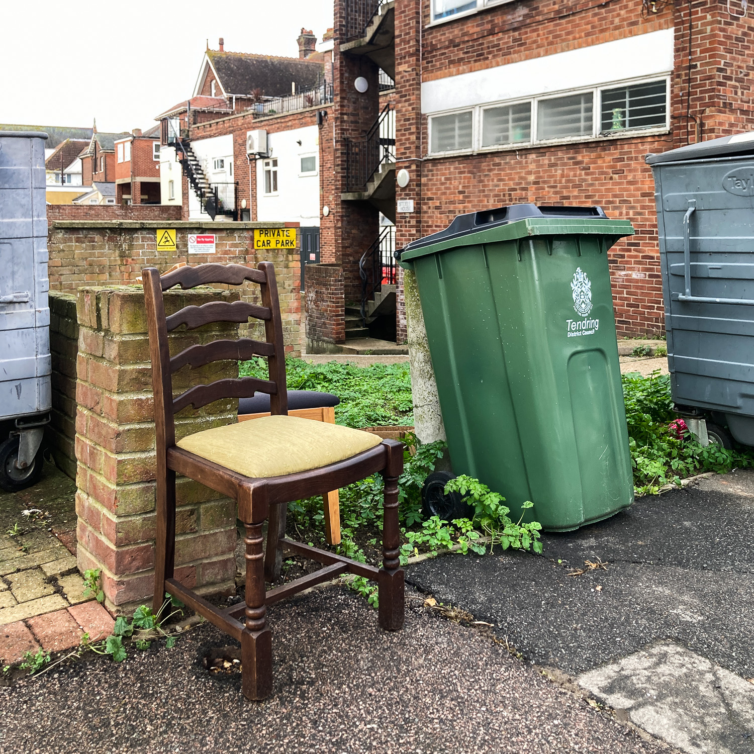 Photograph of a dark wood dining chair with a yellow upholstered seat on the pavement outside the back of brick buildings, surrounded by bins and with green leafy plants growing.