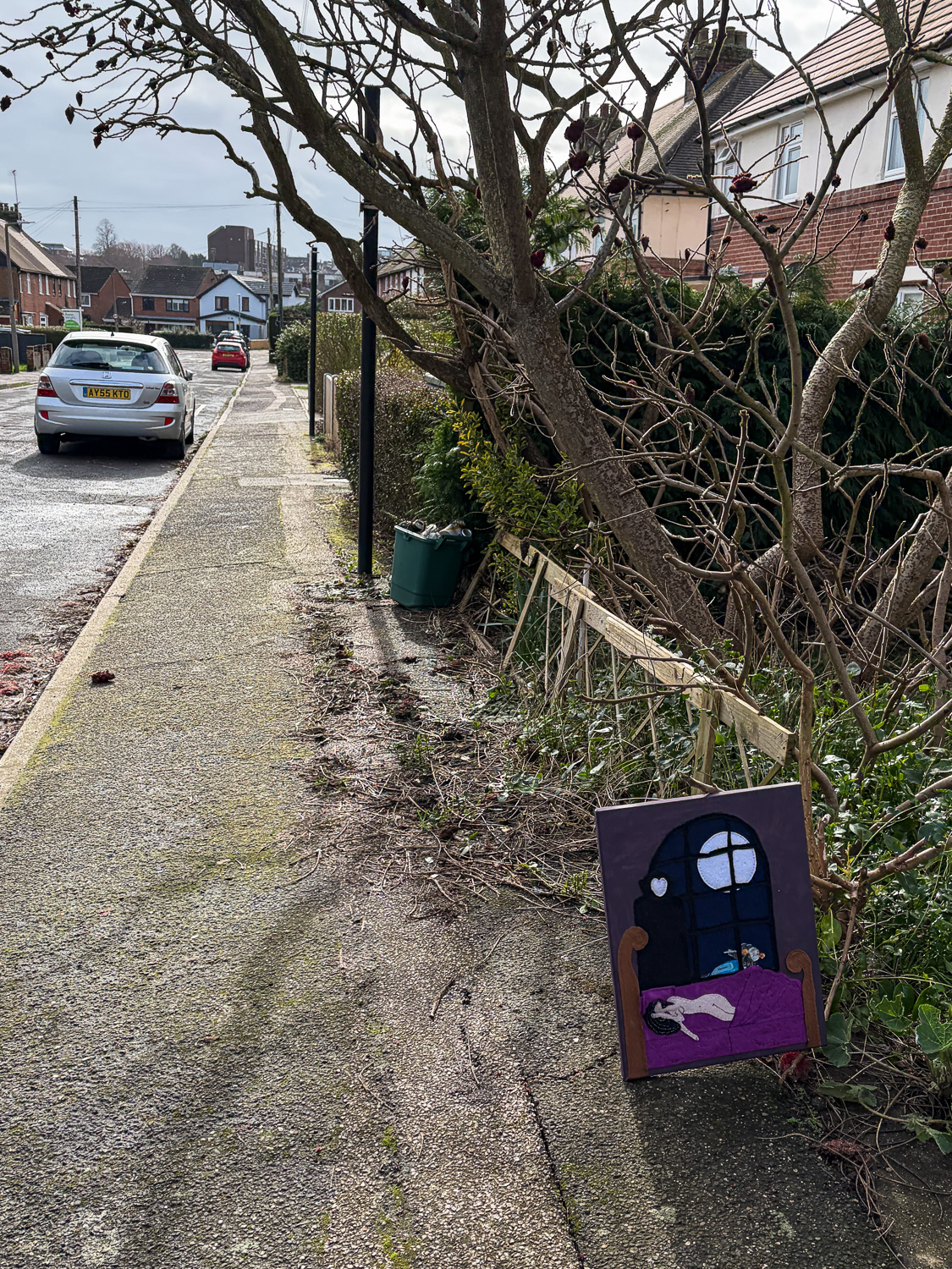 Photograph of a street viewed from a pavement, with a fabric artwork in the lower right of the frame, showing a naked woman in bed with a vampire and a full moon behind her. In the background there are trees, houses and cars parked on the road.