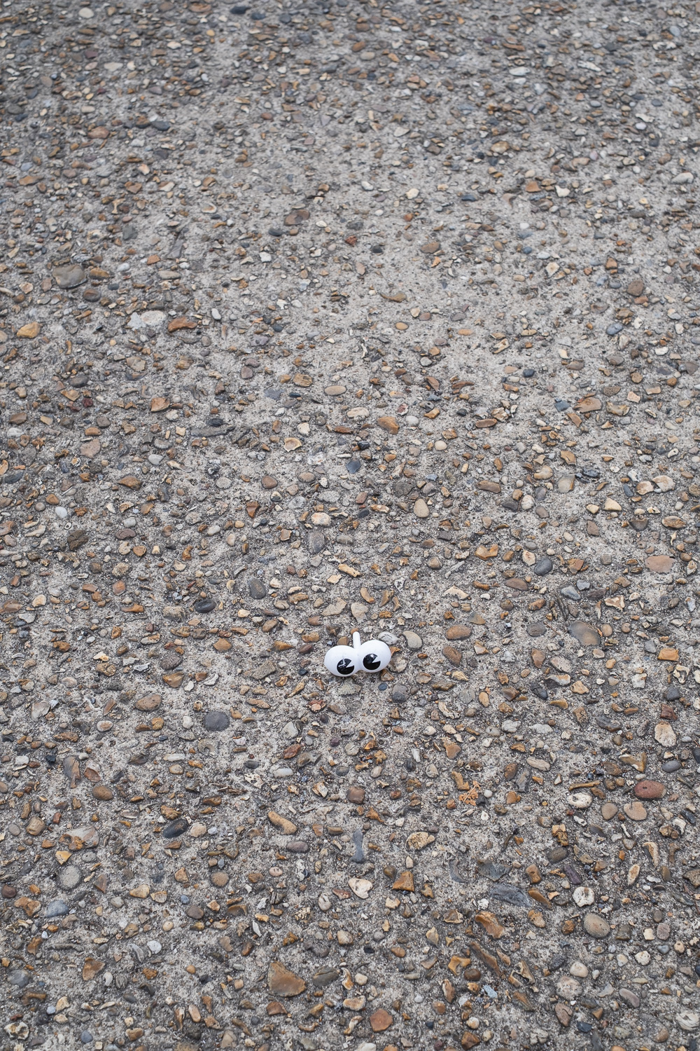 Photograph of a pair of plastic cartoon eyes, probably from a Mr Potato Head toy, in the middle of an aggregate concrete pathway.